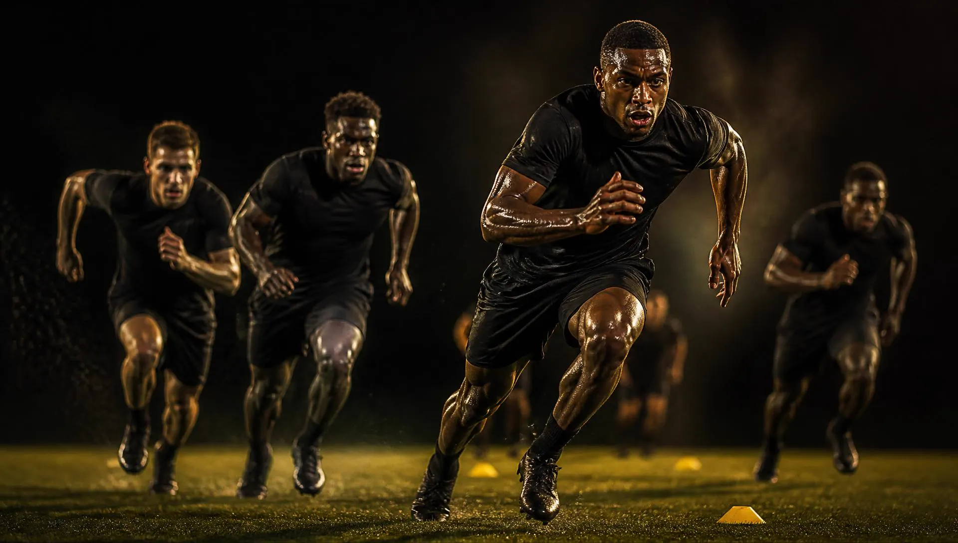 High intensity international football training session under floodlights