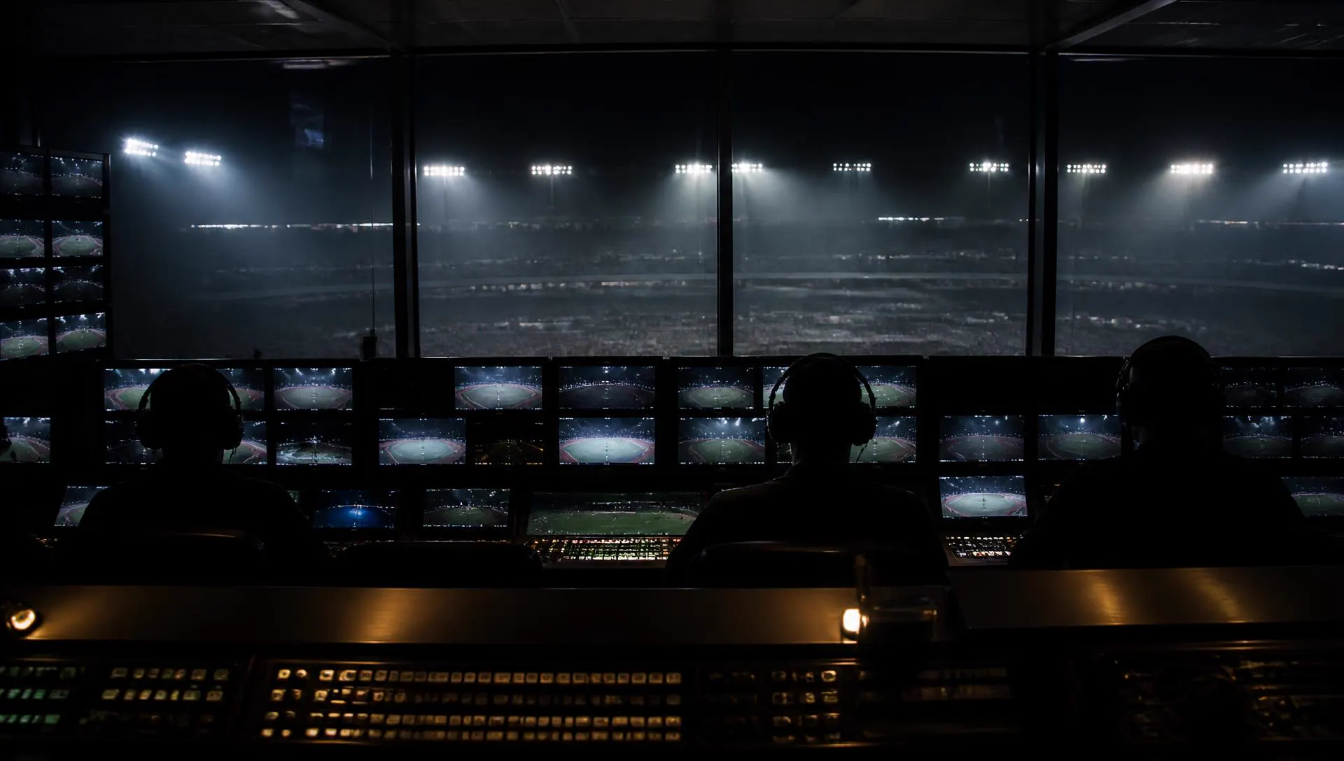 Atmospheric stadium lights over an empty pitch at night before an international fixture