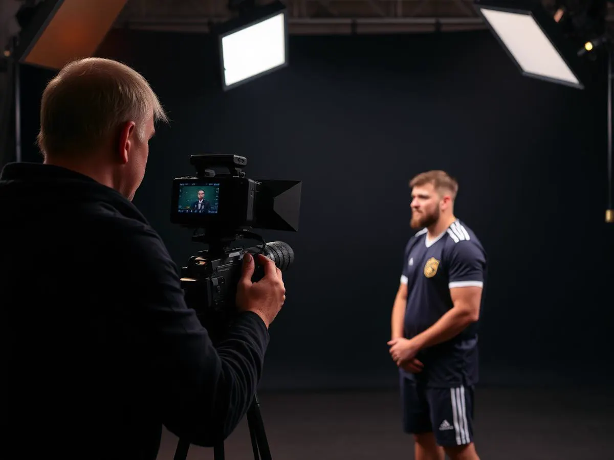 Camera operator filming a football interview on the B6 TV production set